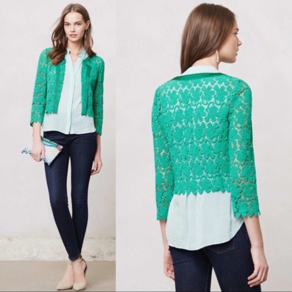 ANTHROPOLOGIE Elevenses Green Lacebloom Cardigan